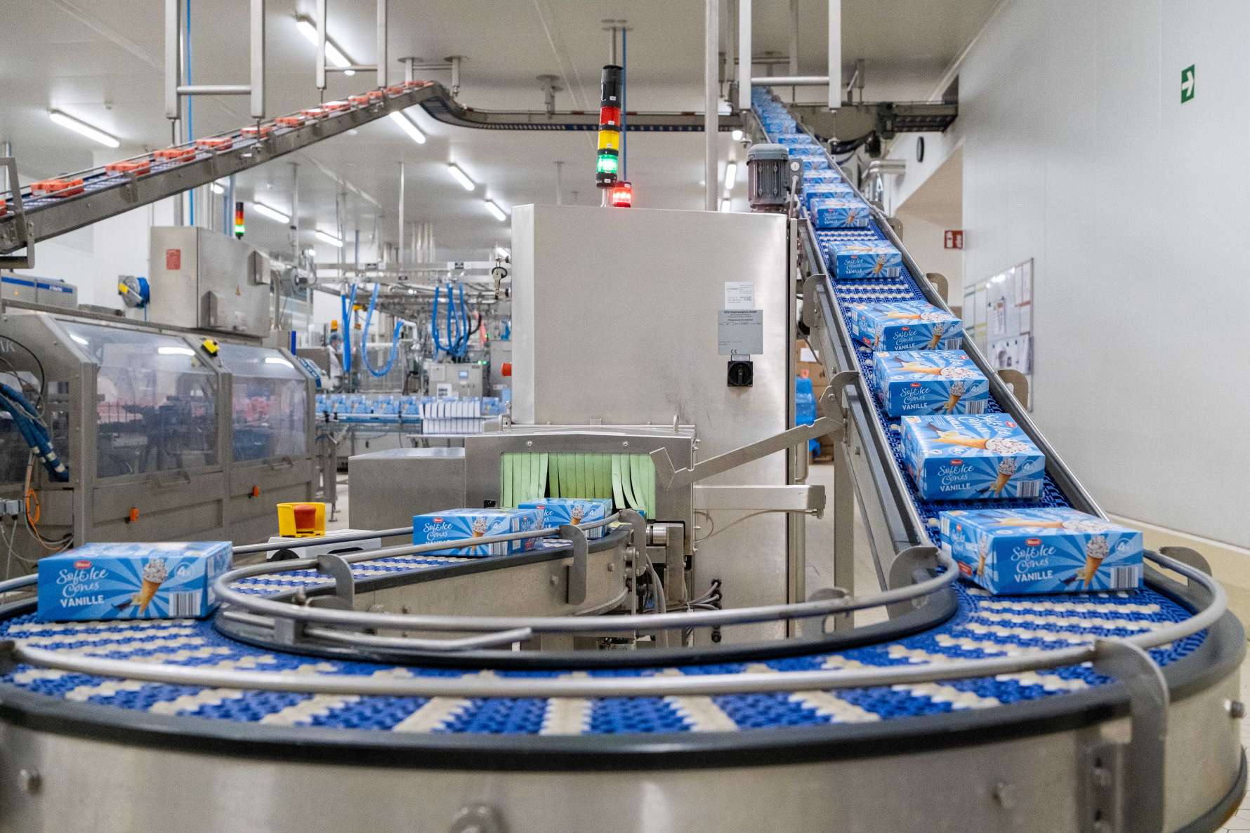 Boxes of ice cream on a transport belt