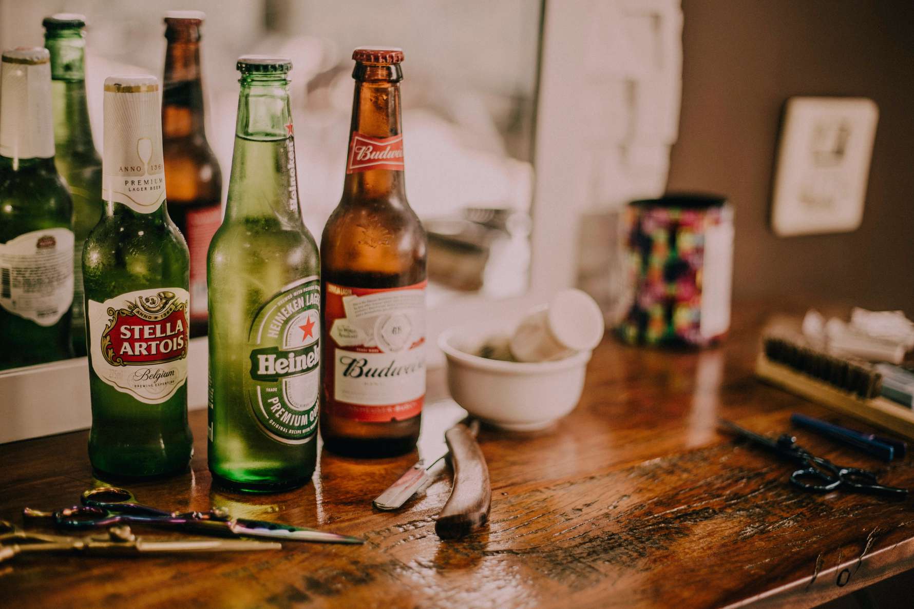 Beer bottles on table